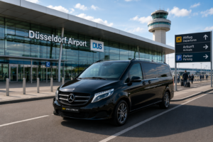 Luxe zwarte 8-persoons taxibus bij Düsseldorf Airport voor vervoer van en naar Utrecht