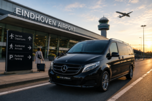 Luxe zwarte 8-persoons taxibus bij Eindhoven Airport voor vervoer van en naar Utrecht